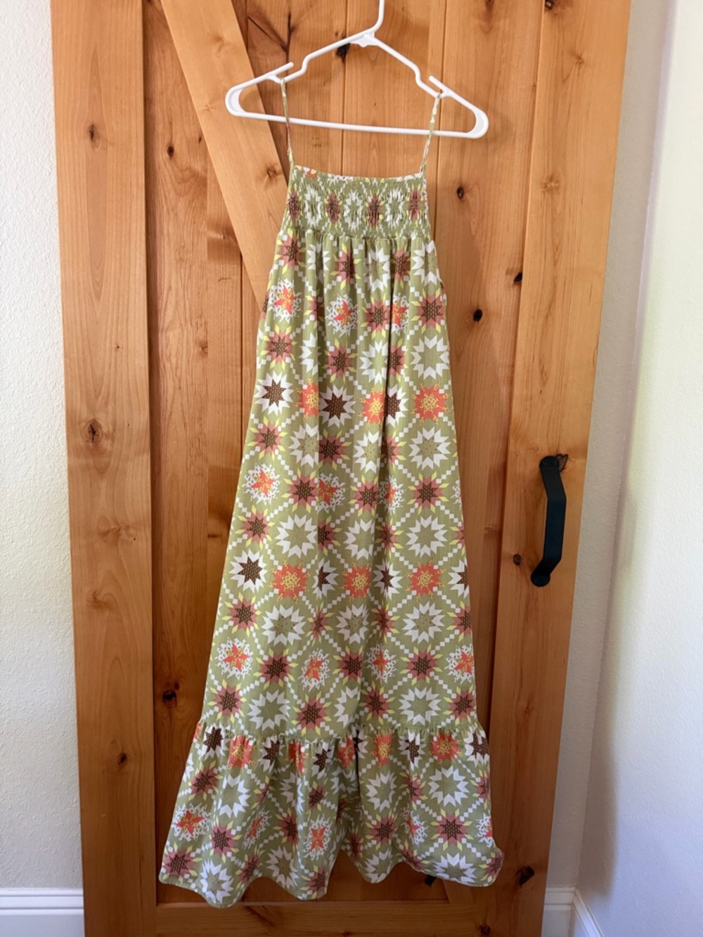 Prairie Farm Cottagecore Boho Country Star Quilt Print Sage Green Maxi Pinafore - Picture 5 of 11